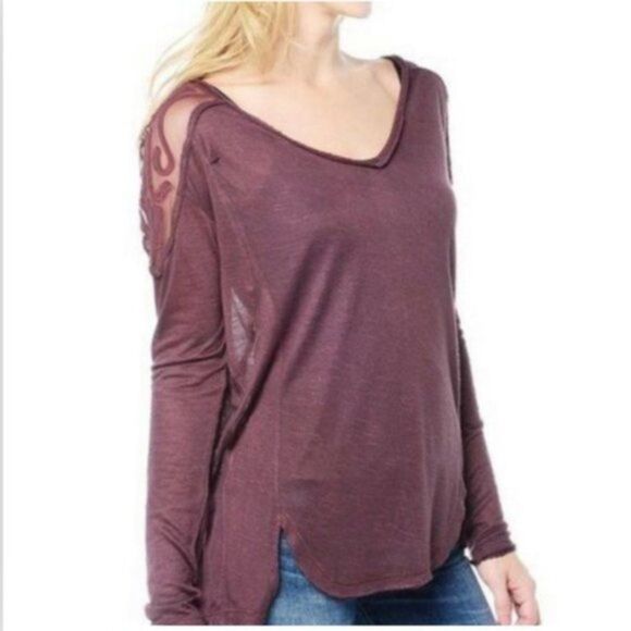 Free People Gatsby Top Embroidered Mesh Maroon Red Medium - Picture 13 of 15
